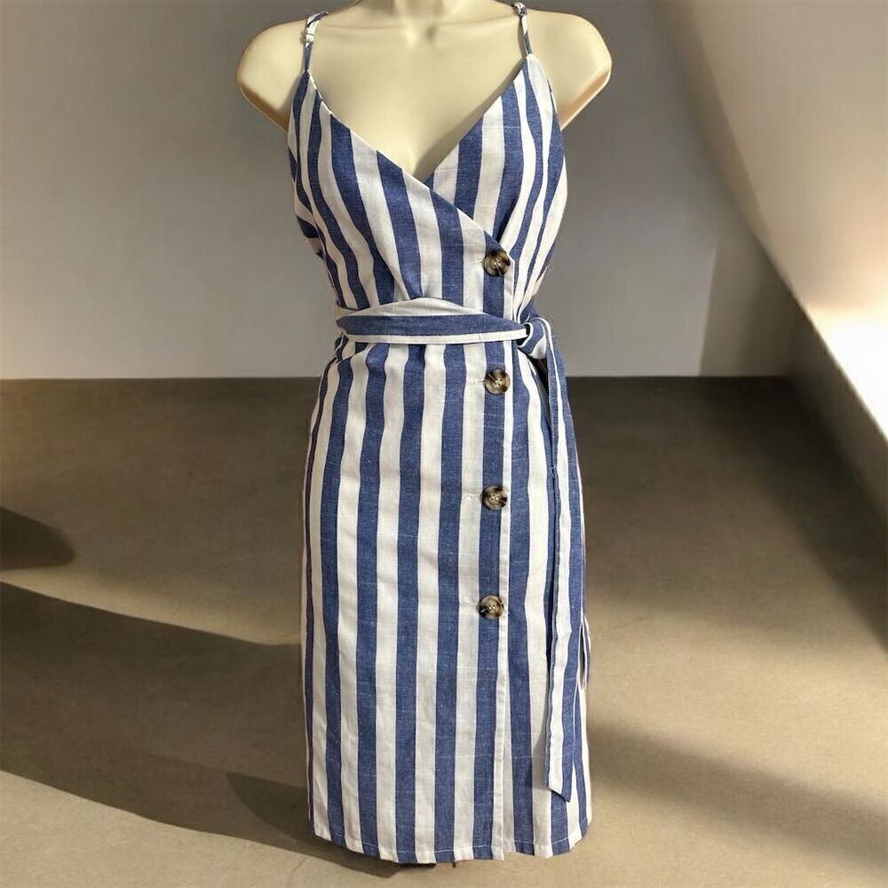 Davi & Dani Blue White Striped Sleeveless Waist Tie Belt Seam Pockets Wrap Dress